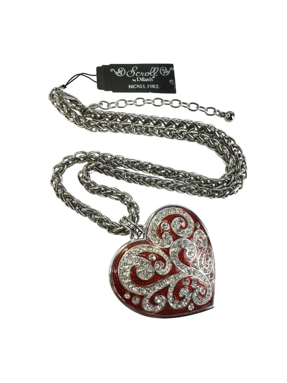 Scroll by Dillards Silver Tone Crystal & Red Enamel Heart Pendant Necklace Nicke